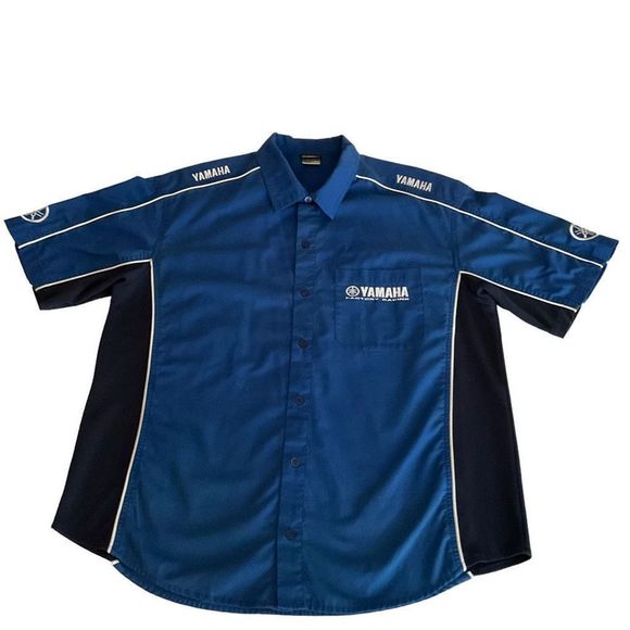 Yamaha Shirt Factory Racing Button Front Blue Black White Stripe Collar Large - Picture 11 of 12
